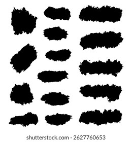 Various black paint brush strokes are arranged in different shapes and sizes against a white background, showcasing texture and artistic potential for design use.
