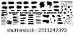 Various black paint graphic set, spray, brushstroke, drips, splashes, graffiti, lines, in dirty style. High quality, hand drawn, grunge graphic box. Ink splash stencil, brush stroke. Vector collection
