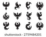 Various black phoenix bird icons, mythical symbols of rebirth, immortality, and strength in folklore