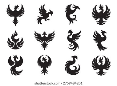 Various black phoenix bird icons, mythical symbols of rebirth, immortality, and strength in folklore