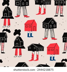 Various black, red small Houses. House with human legs. Different pants and shoes. Cartoon comic style. Hand drawn Vector illustration. Square seamless Pattern, background, wallpaper