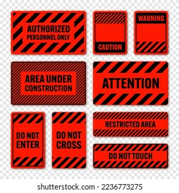 Various black and red warning signs with diagonal lines. Attention, danger or caution sign, construction site signage. Realistic notice signboard, warning banner, road shield. Vector illustration