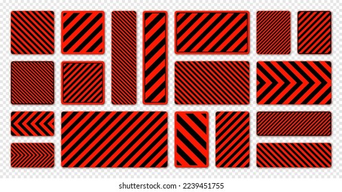 Various black and red warning signs with diagonal lines. Attention, danger or caution sign, construction site signage. Realistic notice signboard, warning banner, road shield. Vector illustration