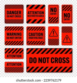 Various black and red warning signs with diagonal lines. Attention, danger or caution sign, construction site signage. Realistic notice signboard, warning banner, road shield. Vector illustration