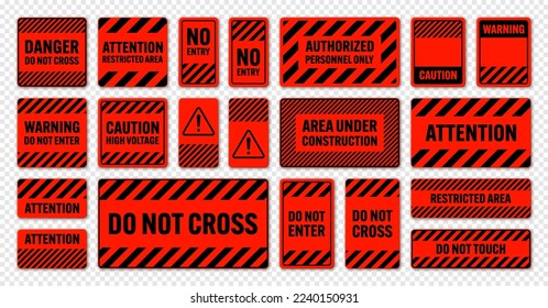 Various black and red warning signs with diagonal lines. Attention, danger or caution sign, construction site signage. Realistic notice signboard, warning banner, road shield. Vector illustration