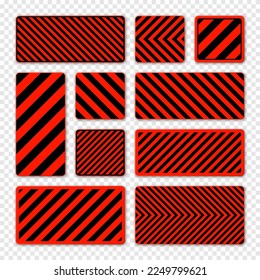 Various black and red warning signs with diagonal lines. Attention, danger or caution sign, construction site signage. Realistic notice signboard, warning banner, road shield. Vector illustration