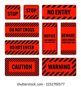 Various black and red warning signs with diagonal lines. Attention, danger or caution sign, construction site signage. Realistic notice signboard, warning banner, road shield. Vector illustration