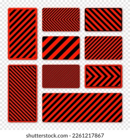 Various black and red warning signs with diagonal lines. Attention, danger or caution sign, construction site signage. Realistic notice signboard, warning banner, road shield. Vector illustration