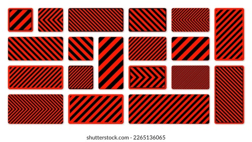 Various black and red warning signs with diagonal lines. Attention, danger or caution sign, construction site signage. Realistic notice signboard, warning banner, road shield. Vector illustration