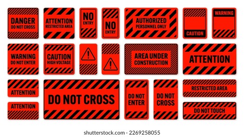 Various black and red warning signs with diagonal lines. Attention, danger or caution sign, construction site signage. Realistic notice signboard, warning banner, road shield. Vector illustration