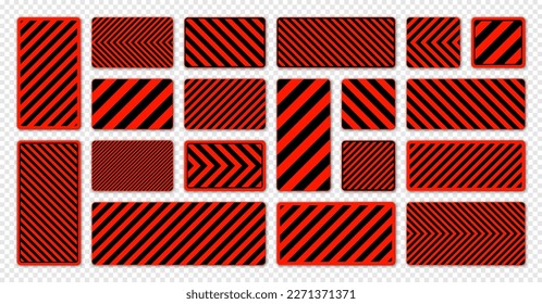 Various black and red warning signs with diagonal lines. Attention, danger or caution sign, construction site signage. Realistic notice signboard, warning banner, road shield. Vector illustration