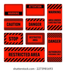 Various black and red warning signs with diagonal lines. Attention, danger or caution sign, construction site signage. Realistic notice signboard, warning banner, road shield. Vector illustration