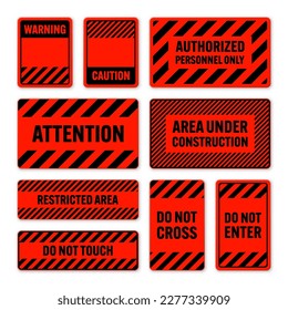 Various black and red warning signs with diagonal lines. Attention, danger or caution sign, construction site signage. Realistic notice signboard, warning banner, road shield. Vector illustration