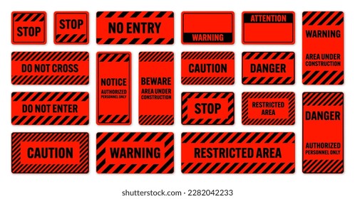 Various black and red warning signs with diagonal lines. Attention, danger or caution sign, construction site signage. Realistic notice signboard, warning banner, road shield. Vector illustration