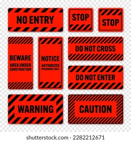 Various black and red warning signs with diagonal lines. Attention, danger or caution sign, construction site signage. Realistic notice signboard, warning banner, road shield. Vector illustration