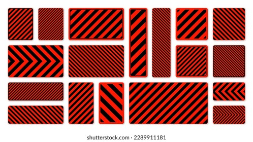 Various black and red warning signs with diagonal lines. Attention, danger or caution sign, construction site signage. Realistic notice signboard, warning banner, road shield. Vector illustration