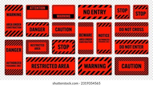 Various black and red warning signs with diagonal lines. Attention, danger or caution sign, construction site signage. Realistic notice signboard, warning banner, road shield. Vector illustration