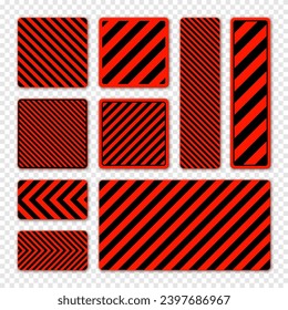 Various black and red warning signs with diagonal lines. Attention, danger or caution sign, construction site signage. Realistic notice signboard, warning banner, road shield. Vector illustration