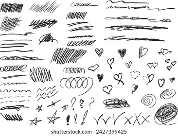 Various black shapes and lines on a white isolated background, hand drawn doodles, stars, hearts. Set with hand drawn pencil scribble on white background, top view