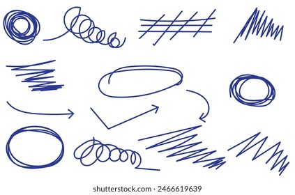 Various black shapes and lines on a white isolated background, hand drawn doodles, stars, hearts. Set with hand drawn pencil scribble on white background,