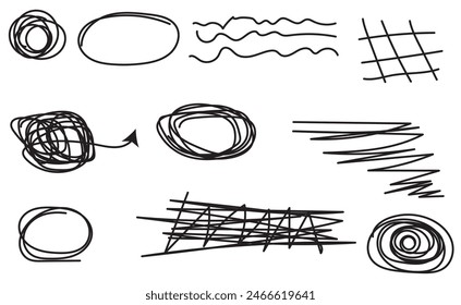 Various black shapes and lines on a white isolated background, hand drawn doodles, stars, hearts. Set with hand drawn pencil scribble on white background,