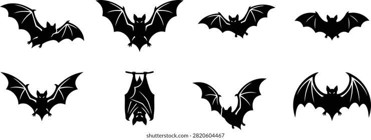 Various black silhouette bats flying in different dynamic poses isolated design