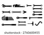 Various black silhouette hand tools and wrenches, including adjustable, pipe, combination, and hex keys, presented in a clean, graphic style 