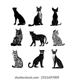 Various black silhouette illustrations of different cats arranged in a grid pattern showcasing their unique features and characteristics