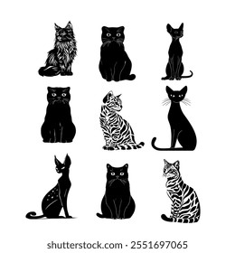 Várias ilustrações de silhueta preta de gatos diferentes dispostos em um padrão de grade mostrando suas características únicas e características