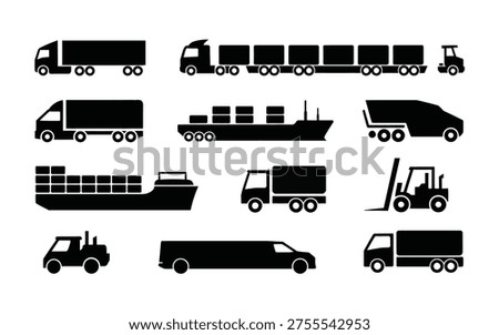 Various black silhouettes of trucks cargo ships and forklifts on white background for logistics and transportation concepts