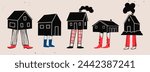 Various black small and tiny Houses. House with human legs. Different pants and shoes. Cartoon comic style. Hand drawn Vector illustration. Isolated design elements. Icon, logo, print, design template