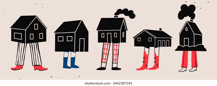 Various black small and tiny Houses. House with human legs. Different pants and shoes. Cartoon comic style. Hand drawn Vector illustration. Isolated design elements. Icon, logo, print, design template