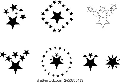 Various black star shapes for graphic design and decorative elements
