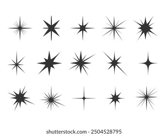 Various Black Star Spark icons collection. Set of geometric sparcle shapes. Abstract Shine glow light twinkle magic effect symbol. Holiday Element for design