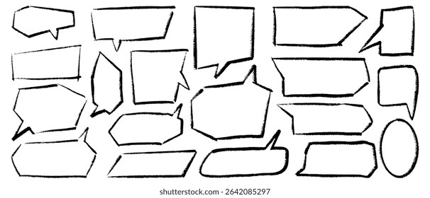 Various black test boxes, edge speech bubbles, hand-drawn outlines with chalk or pencil. Different rough shapes and forms, design elements for memo, feedback or advice.