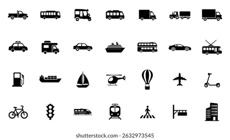 Vários ícones de transporte pretos: carros, ônibus, trens, e mais, no branco.