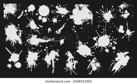 Various black vector platters set illustration. Spray liquid art shape and splash dirty ink. Isolated collection element decoration and drawing flow splat. Creative graphic design