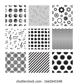 Various black vector seamless pattern collection on white