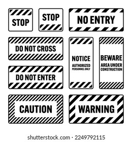 Various black warning signs with diagonal lines. Attention, danger or caution sign, construction site signage. Realistic notice signboard, warning banner, road shield. Vector illustration