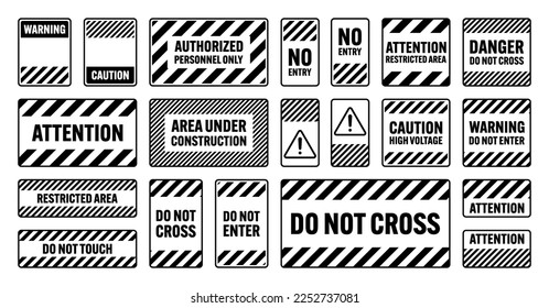 Various black warning signs with diagonal lines. Attention, danger or caution sign, construction site signage. Realistic notice signboard, warning banner, road shield. Vector illustration