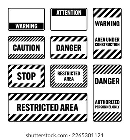 Various black warning signs with diagonal lines. Attention, danger or caution sign, construction site signage. Realistic notice signboard, warning banner, road shield. Vector illustration