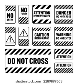 Various black warning signs with diagonal lines. Attention, danger or caution sign, construction site signage. Realistic notice signboard, warning banner, road shield. Vector illustration