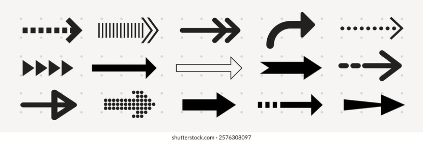 Various black and white arrows in different styles and directions. Arrows pointing right, left, and curved. Dotted, solid, and outlined arrows. Element vector set.