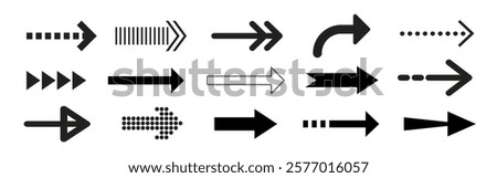 Various black and white arrows in different styles and directions. Arrows pointing left, right, up, and down. Arrows with dots, lines, and curves. Element vector set.