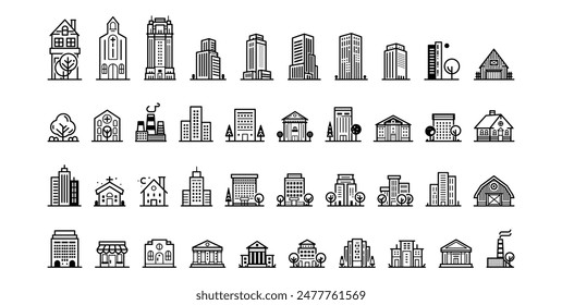 Various black and white building icon set including houses, offices, and churches, minimalist design, white background. Vector illustration