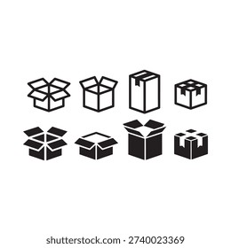 Various black and white cardboard box icons arranged in two rows
