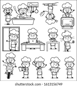 Various Black and White Cartoon Chef - Set of Concepts Vector illustrations