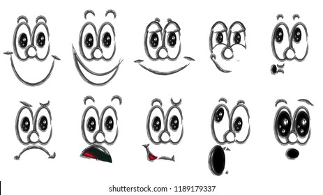 Various black and white emotions: joy, smile, anger, delight, discontent, playfulness, fun, surprise, pleasure. A set of people with children's emotions. Vector.