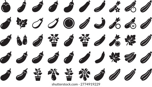 Various black and white flat icons of eggplants and zucchini, showcasing different shapes, forms, and plant stages, ideal for vegetable and cooking themes.