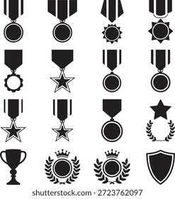 Vários ícones pretos e brancos que representam medalhas e troféus simbolizam a conquista e o sucesso com elementos como estrelas, coroas de louros e escudos.